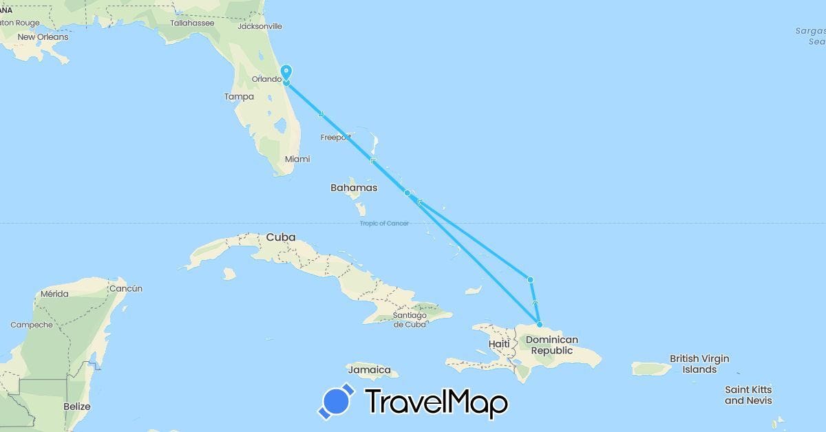 TravelMap itinerary: boat in Bahamas, Dominican Republic, Turks and Caicos Islands, United States (North America)