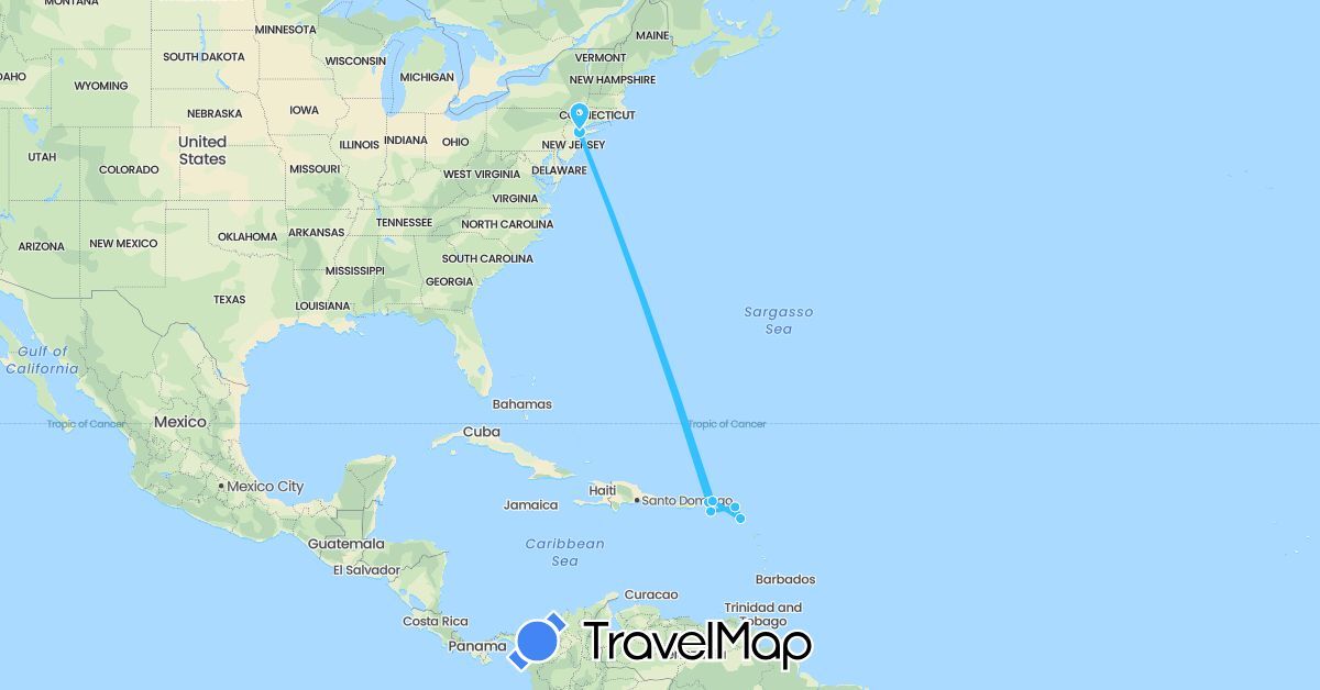 TravelMap itinerary: boat in Saint Kitts and Nevis, Netherlands, United States, British Virgin Islands (Europe, North America)